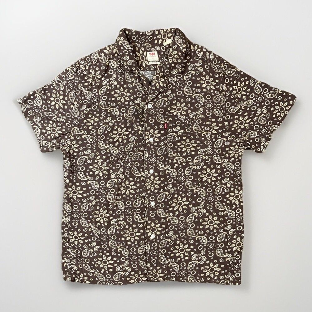 Levi's Men's Relaxed Fit SS Camp Button-Down Brown Paisley Shirt Size Medium